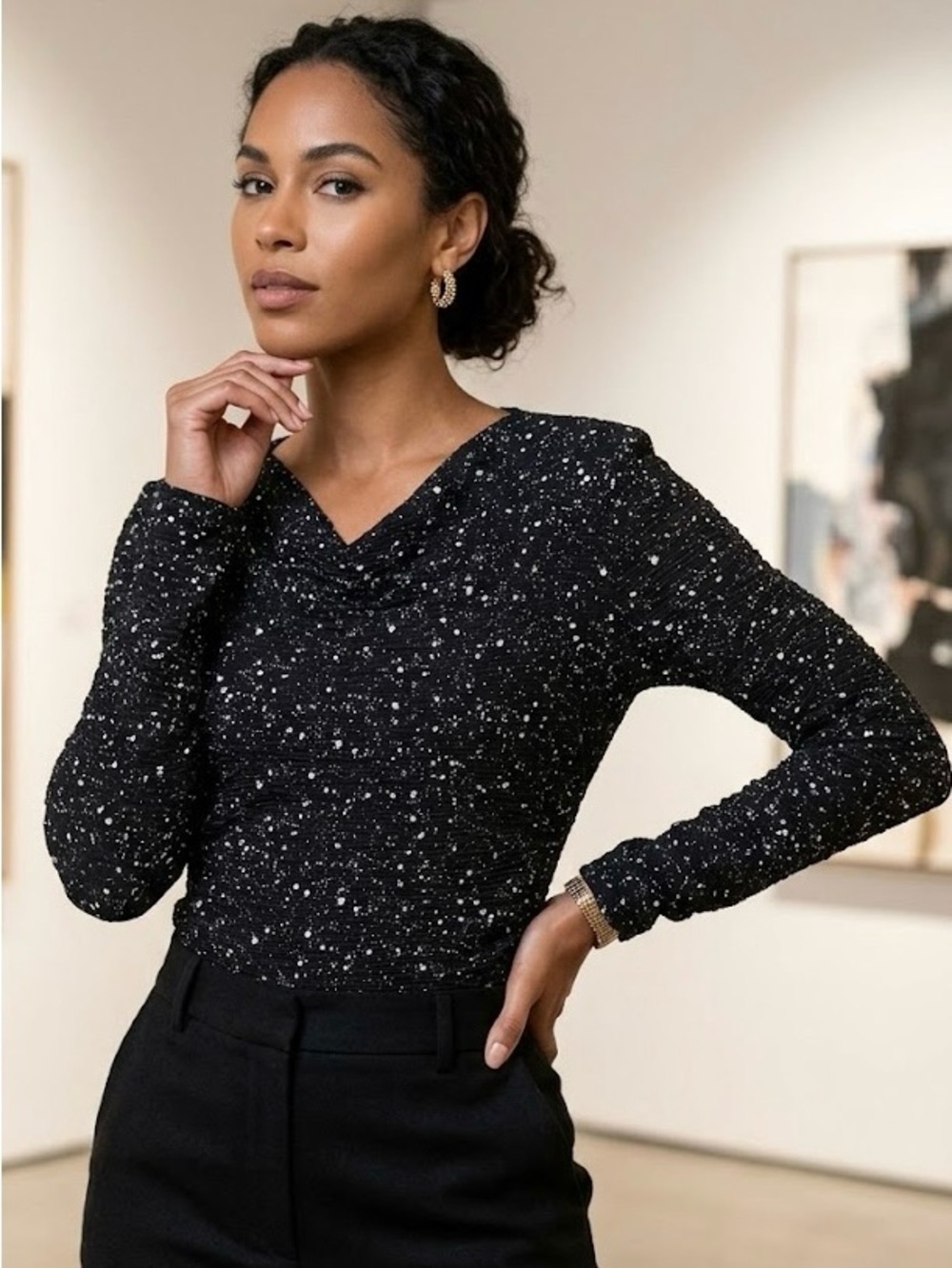 Black Celestial Paint Splatter Bodysuit - Whimsical Sparkly Shimmer Party Chic